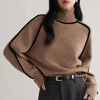 Women's Turtleneck Sweater with Contrast Piping and Raglan Sleeves - Brown