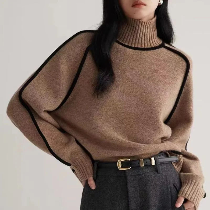Women's Turtleneck Sweater with Contrast Piping and Raglan Sleeves - Brown