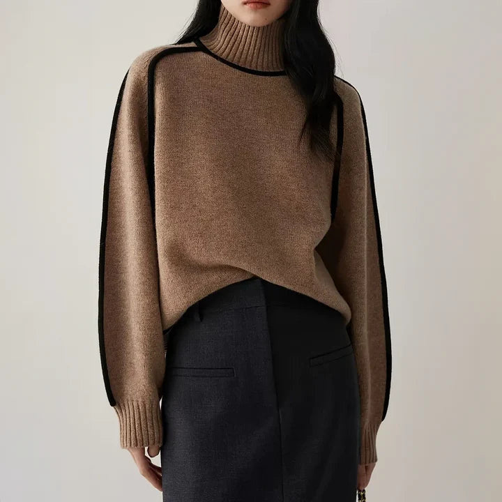 Women's Turtleneck Sweater with Contrast Piping and Raglan Sleeves