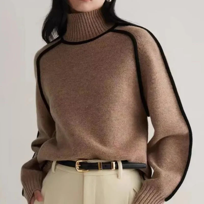 Women's Turtleneck Sweater with Contrast Piping and Raglan Sleeves