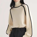 Women's Turtleneck Sweater with Contrast Piping and Raglan Sleeves