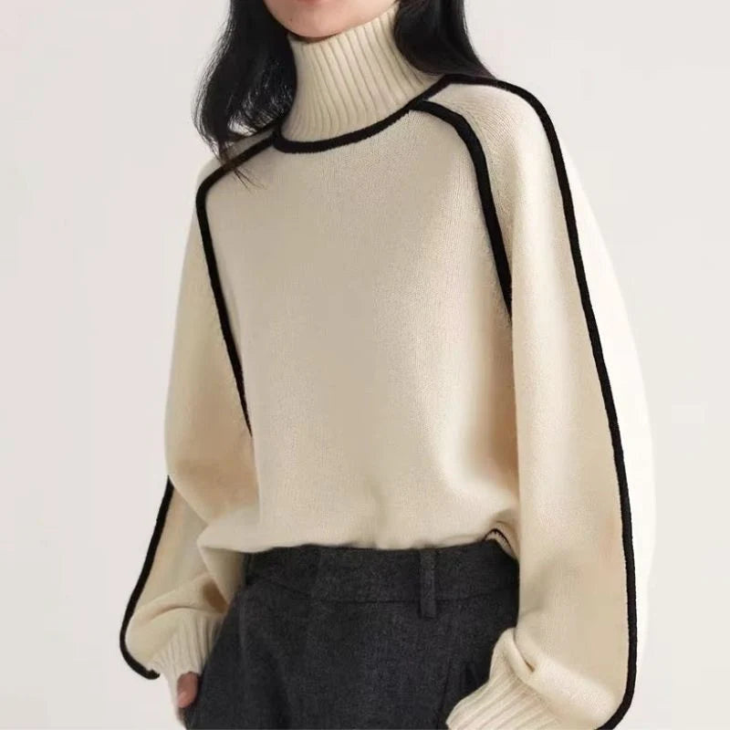 Women's Turtleneck Sweater with Contrast Piping and Raglan Sleeves