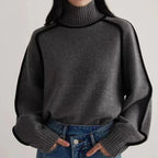 Women's Turtleneck Sweater with Contrast Piping and Raglan Sleeves