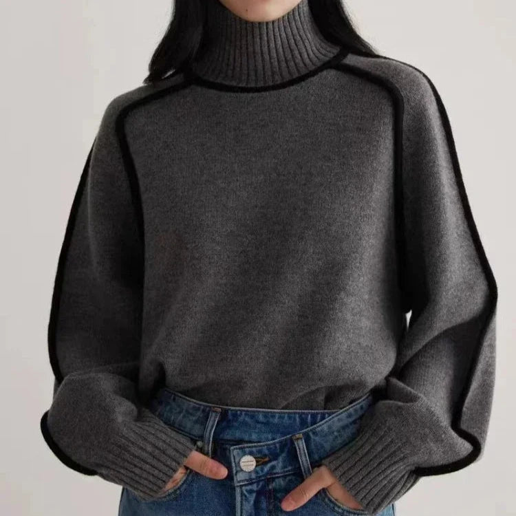 Women's Turtleneck Sweater with Contrast Piping and Raglan Sleeves