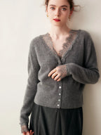 Women's V-Neck Cardigan with Lace Trim and Buttons - Gray