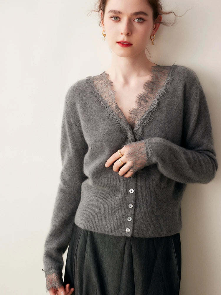 Women's V-Neck Cardigan with Lace Trim and Buttons - Gray