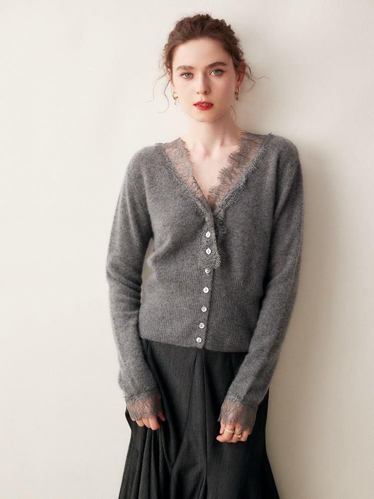 Women's V-Neck Cardigan with Lace Trim and Buttons