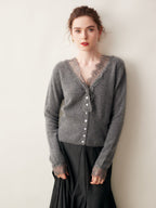 Women's V-Neck Cardigan with Lace Trim and Buttons