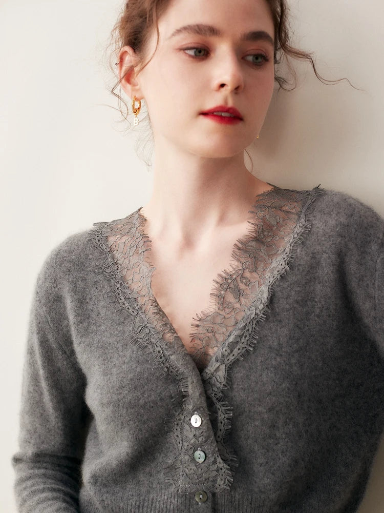 Women's V-Neck Cardigan with Lace Trim and Buttons