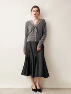 Women's V-Neck Cardigan with Lace Trim and Buttons