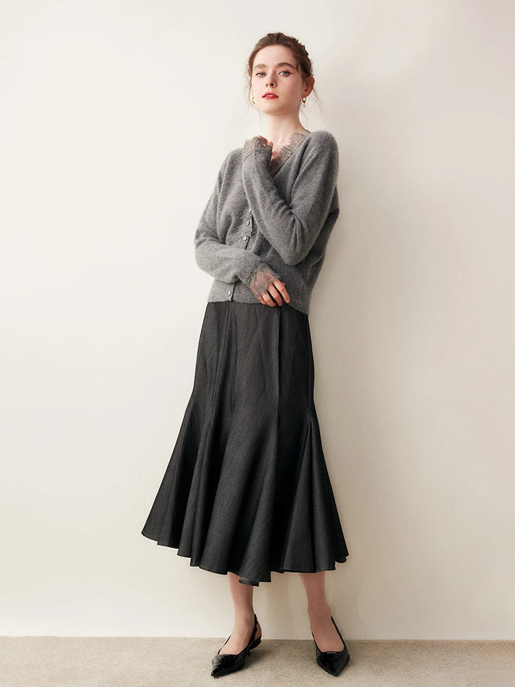 Women's V-Neck Cardigan with Lace Trim and Buttons