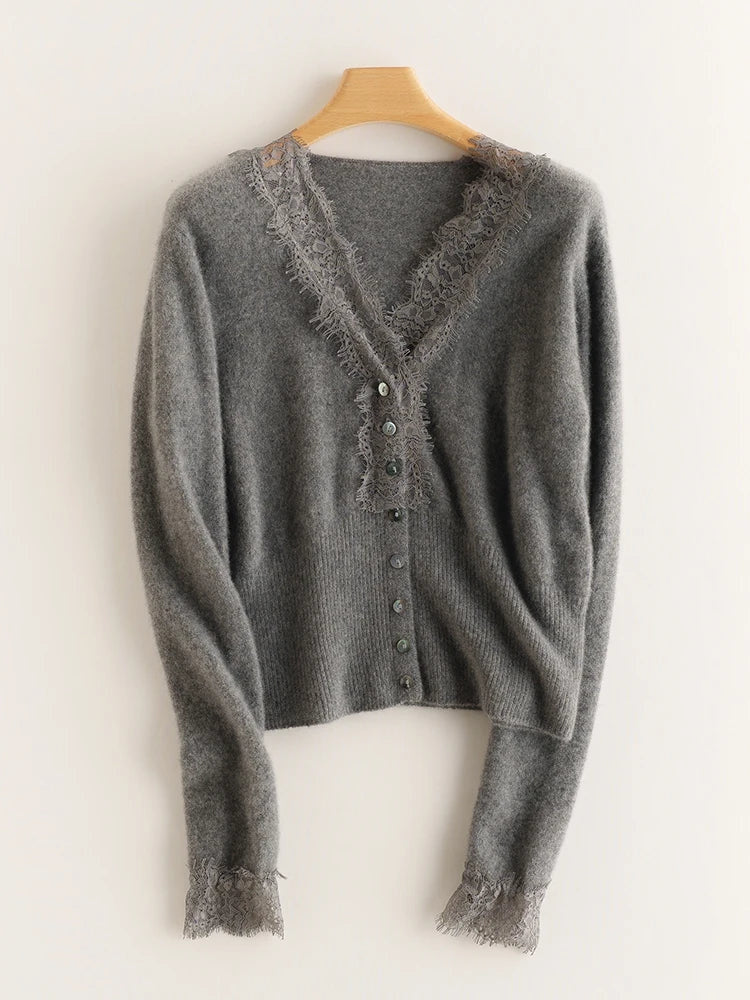 Women's V-Neck Cardigan with Lace Trim and Buttons