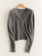 Women's V-Neck Cardigan with Lace Trim and Buttons