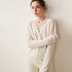 Women's V-Neck Cardigan with Lace Trim and Buttons