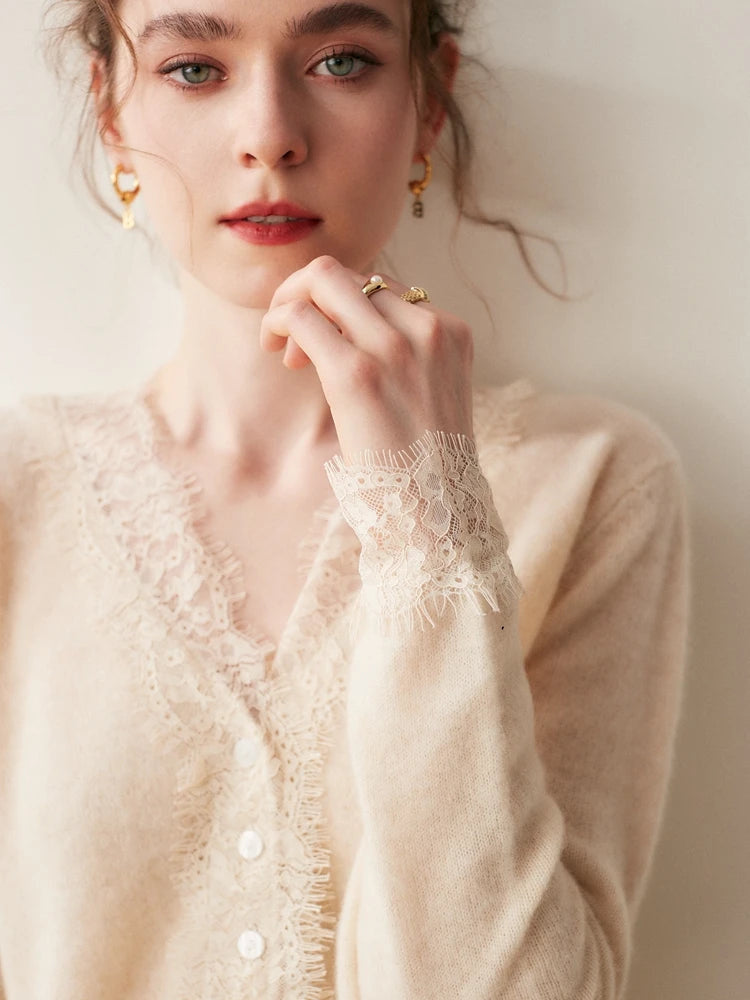 Women's V-Neck Cardigan with Lace Trim and Buttons