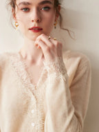 Women's V-Neck Cardigan with Lace Trim and Buttons