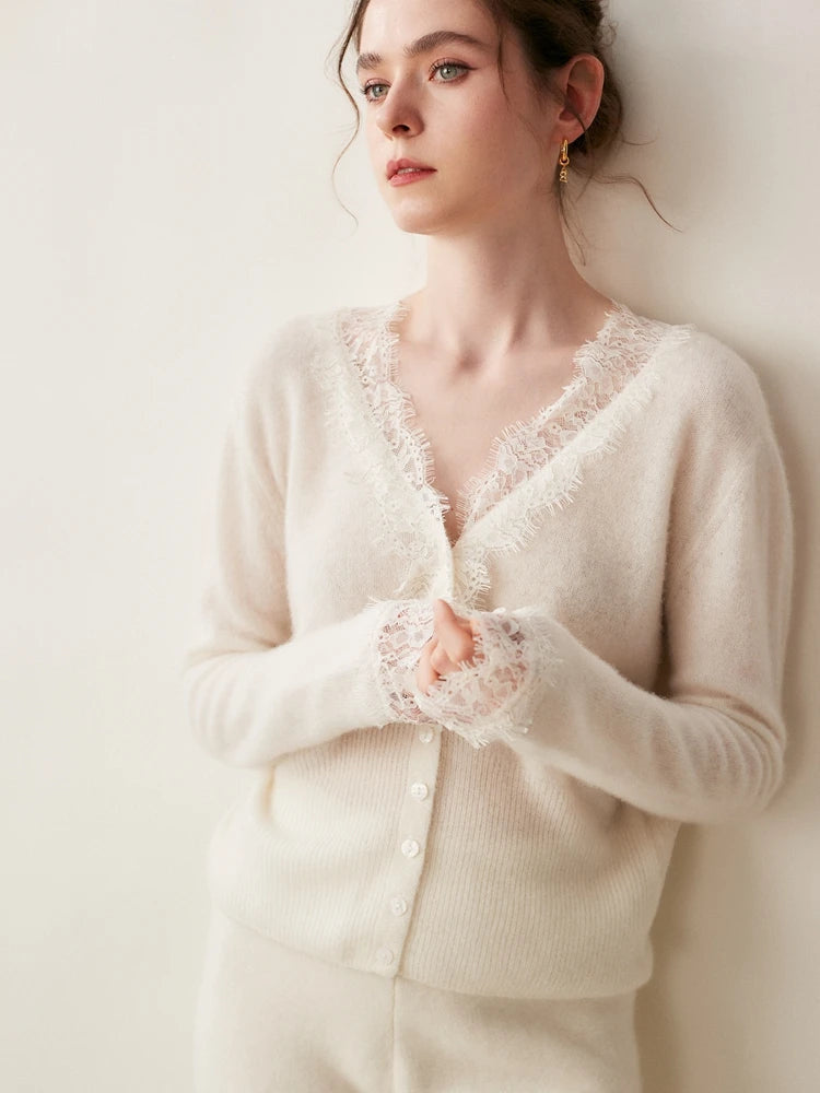 Women's V-Neck Cardigan with Lace Trim and Buttons