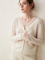 Women's V-Neck Cardigan with Lace Trim and Buttons