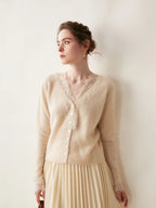 Women's V-Neck Cardigan with Lace Trim and Buttons