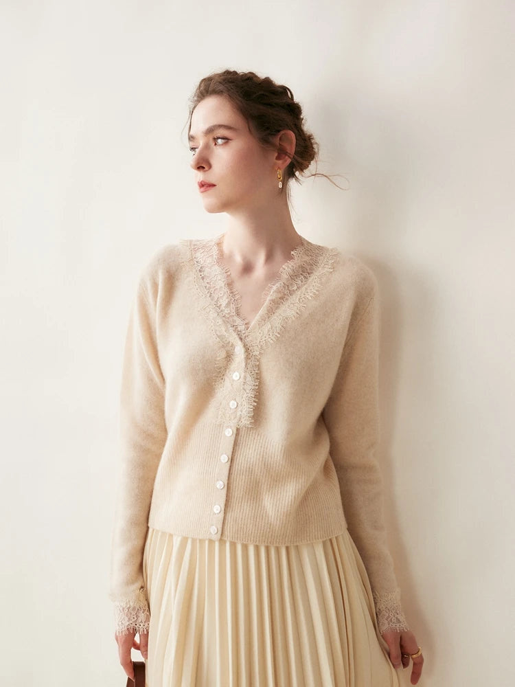 Women's V-Neck Cardigan with Lace Trim and Buttons