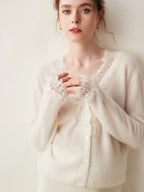 Women's V-Neck Cardigan with Lace Trim and Buttons