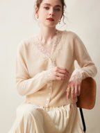 Women's V-Neck Cardigan with Lace Trim and Buttons