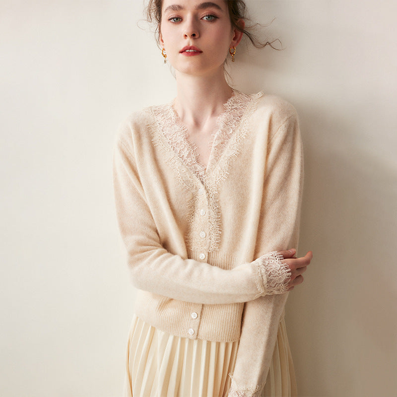 Women's V-Neck Cardigan with Lace Trim and Buttons