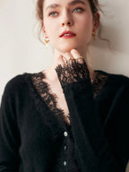 Women's V-Neck Cardigan with Lace Trim and Buttons
