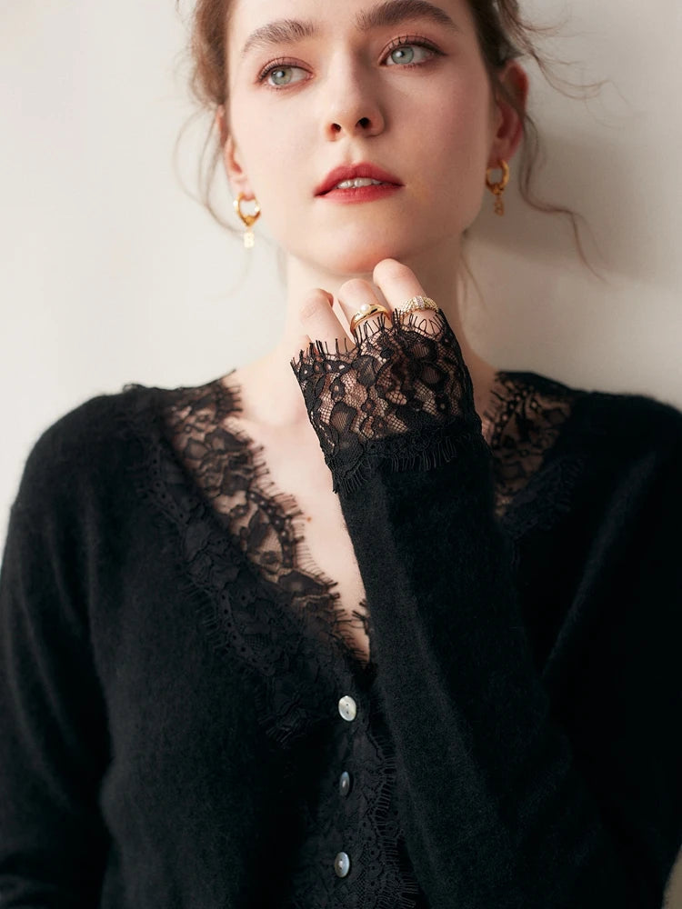 Women's V-Neck Cardigan with Lace Trim and Buttons