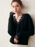 Women's V-Neck Cardigan with Lace Trim and Buttons