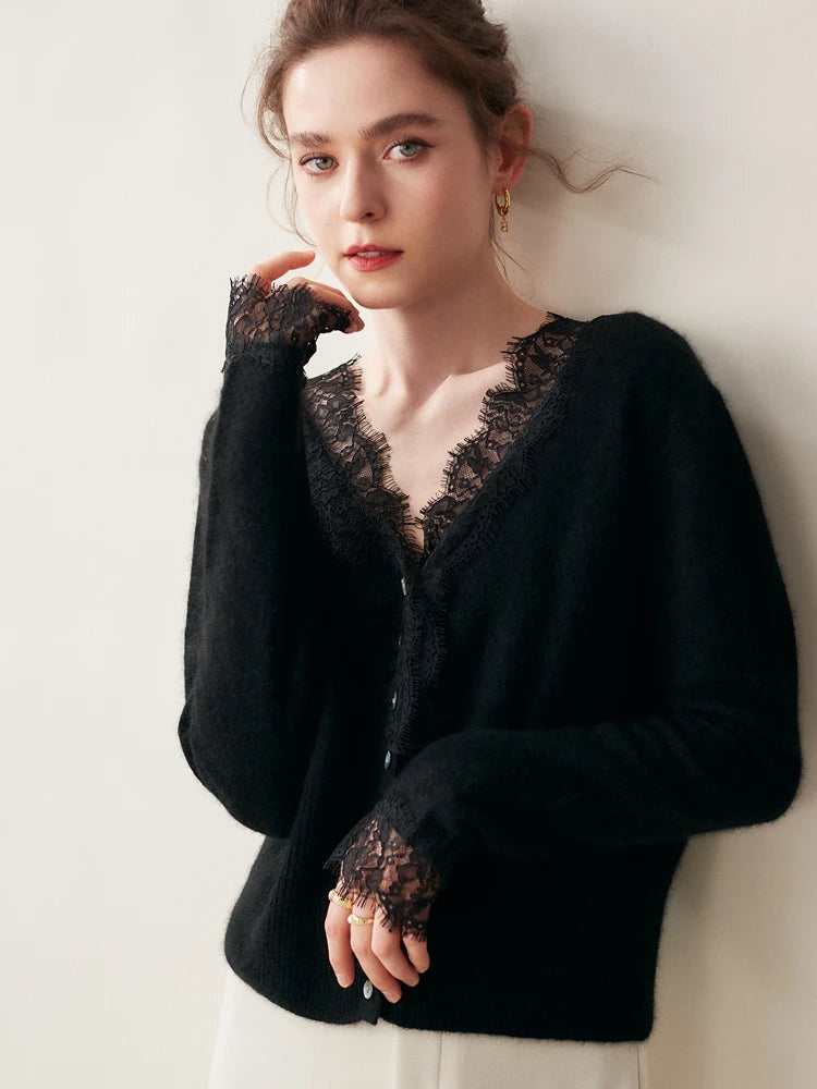 Women's V-Neck Cardigan with Lace Trim and Buttons