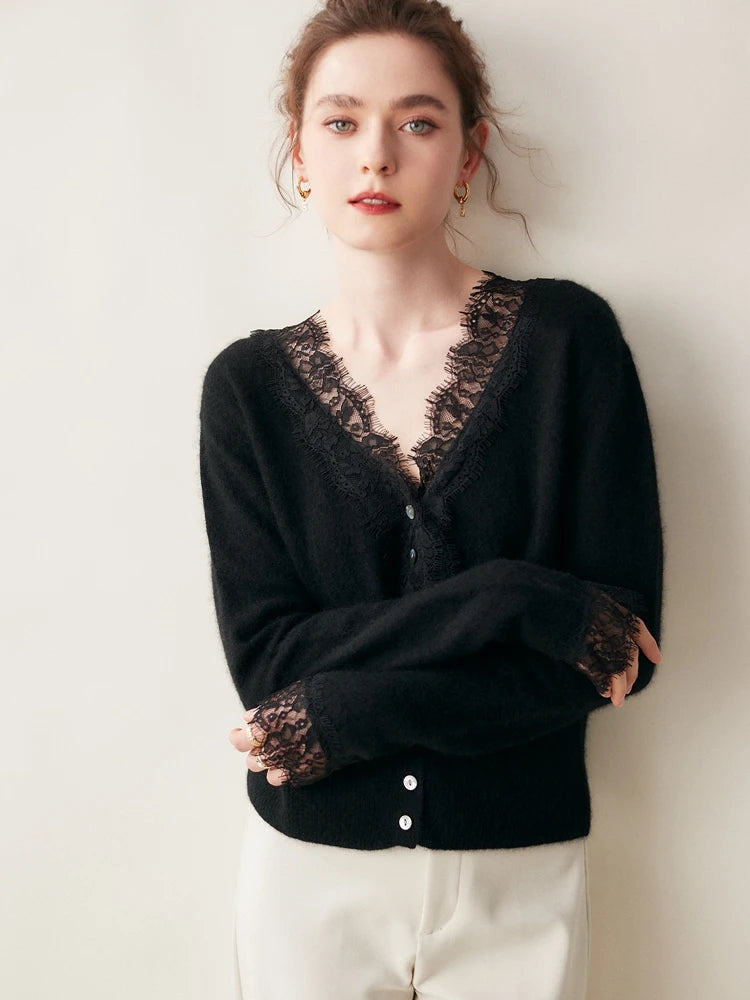 Women's V-Neck Cardigan with Lace Trim and Buttons