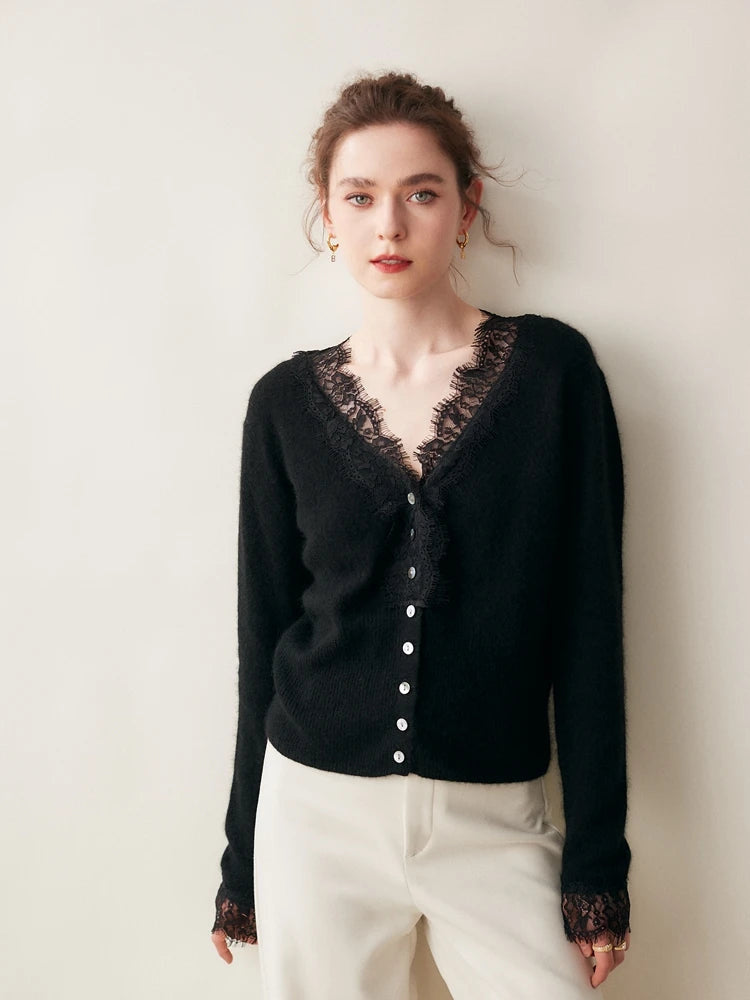 Women's V-Neck Cardigan with Lace Trim and Buttons