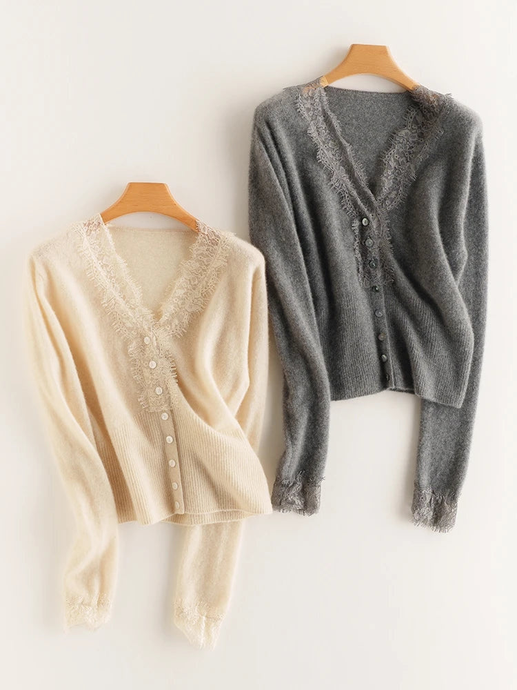 Women's V-Neck Cardigan with Lace Trim and Buttons