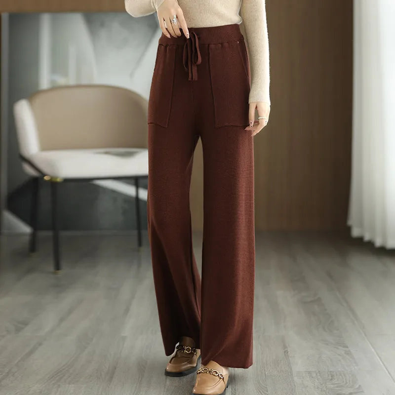 Women's Wide Leg Knit Pants with Drawstring Waist