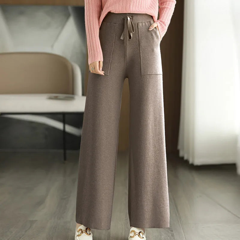 Women's Wide Leg Knit Pants with Drawstring Waist