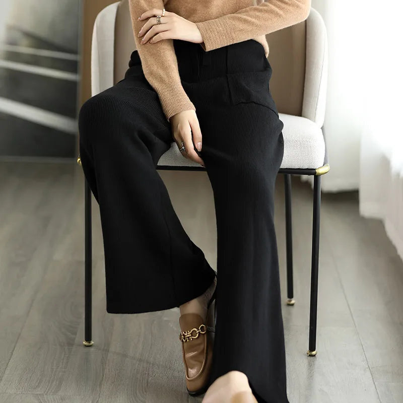 Women's Wide Leg Knit Pants with Drawstring Waist