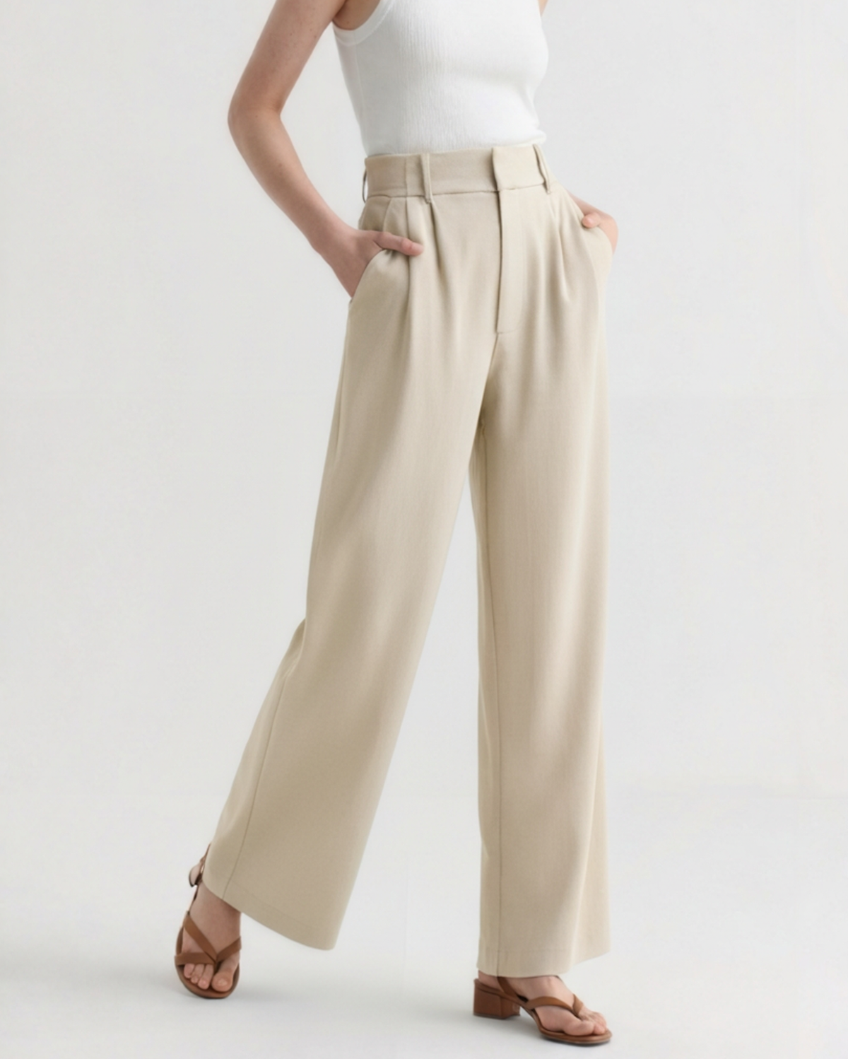 Women's Wide Leg Tailored Trousers with High Waist - Beige