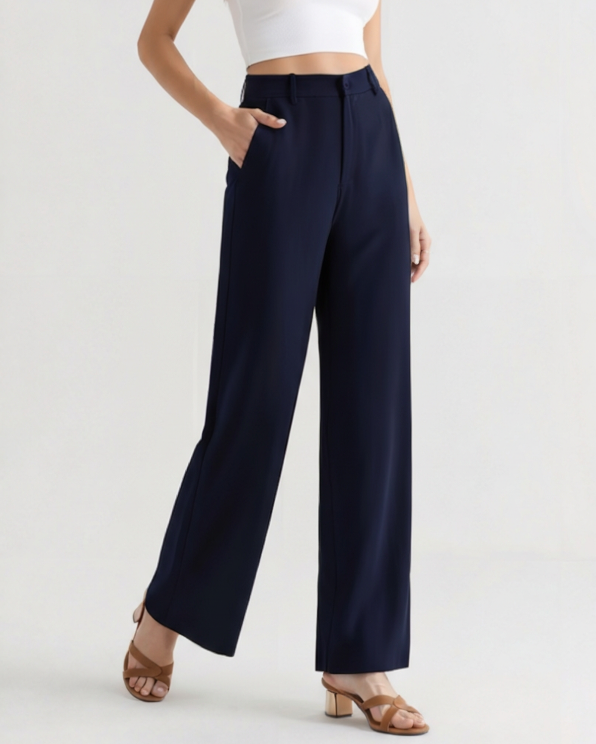 Women's Wide Leg Tailored Trousers with High Waist - Navy