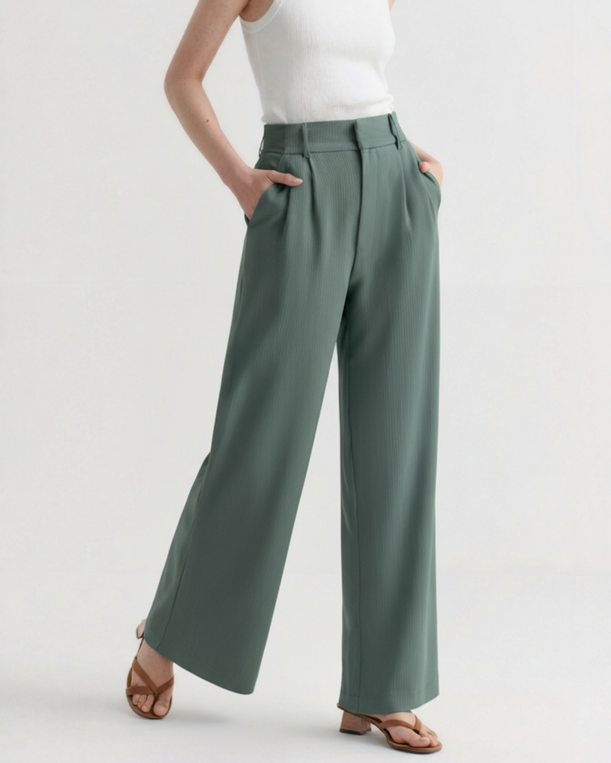 Women's Wide Leg Tailored Trousers with High Waist - Green