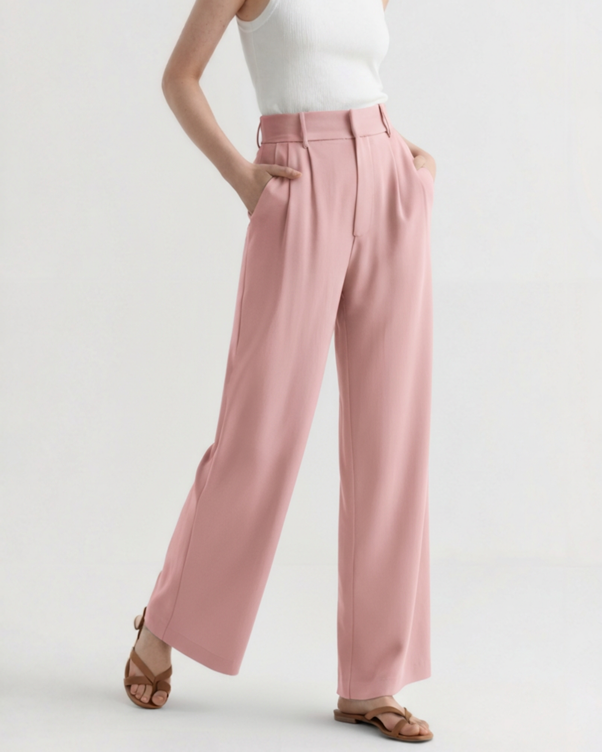 Women's Wide Leg Tailored Trousers with High Waist - Pink