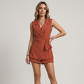 Women's Wrap Vest and Shorts Set with Tie Waist - Red Orange